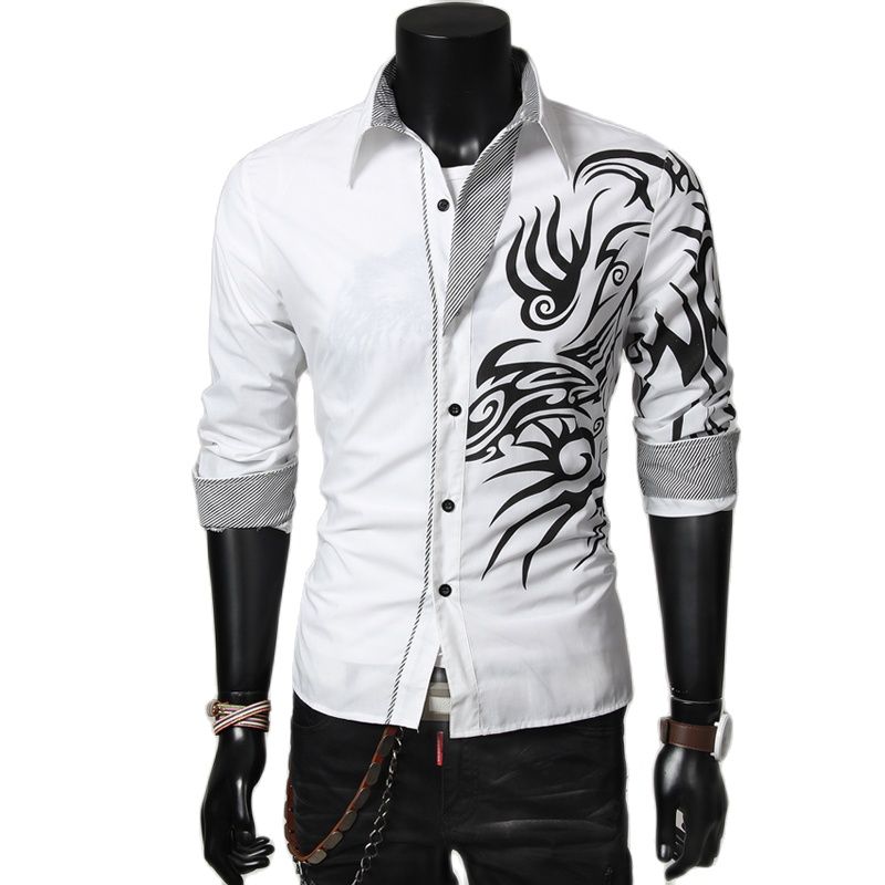 COLDKER Fashion Casual Chinese Style Dragon Print Long-sleeves Shirt Men's Social Business Slim-fit Lapel Shirt Male Tops